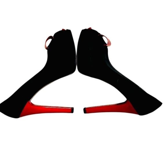 Stuart Weitzman Black Red Lacquer Pin Up Goth Vamp Peep Toe platform Heel 8 - Picture 12 of 15
